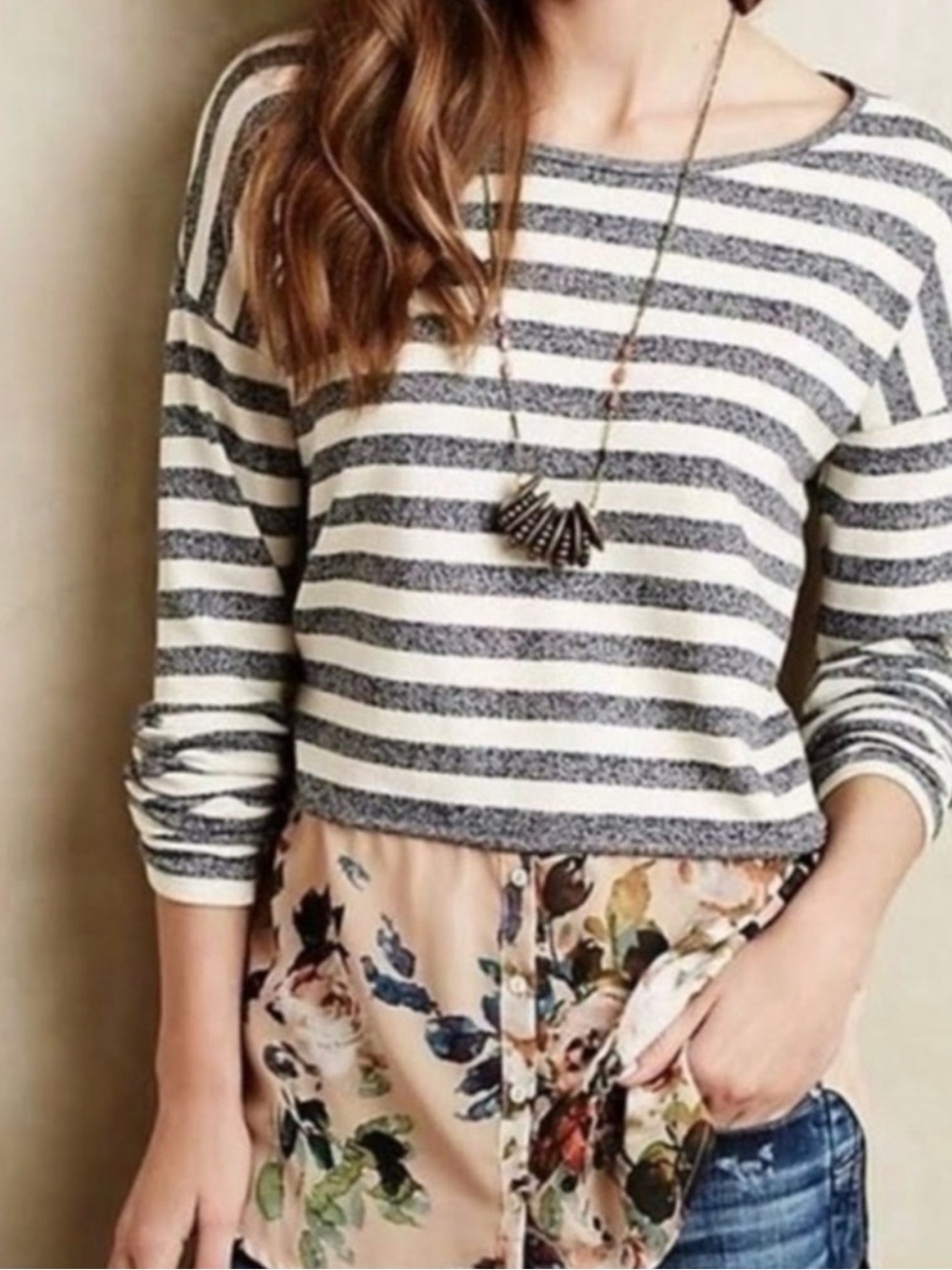 Anthropologie Postmark Ginny Layered Striped Floral Sweater Women's Large